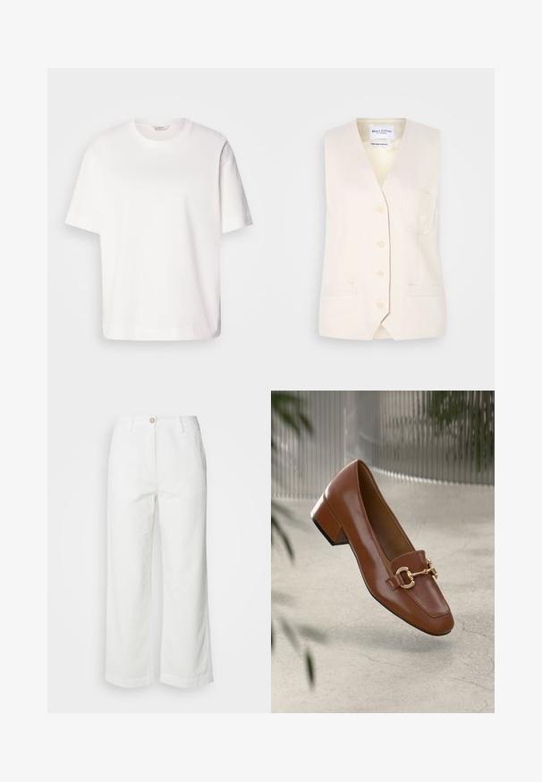 Gaišbeige bez piedurknēm veste ar V veida kaklu, piecām pogām un vienu krūšu kabatu. Izgatavota no teksturētas auduma ar divām sānu kabatām.; Balta kokvilnas T-krekla ar īsām piedurknēm, apaļu kakla izgriezumu, brīvu piegriezumu un gludu tekstūru; bez rakstiem vai redzamām detaļām.; Baltas platveidīgās bikses, izgatavotas no struktūrēta auduma, ar priekšējo pogu aizdari un divām sānu kabatām, ar tīru, vienkāršu dizainu.; Brūni lakoti ādas loaferi ar kvadrātu purngalu, metālisku ķēdes akcentu un zemu blokveida papēdi; gluda tekstūra, minimālisma dizains.