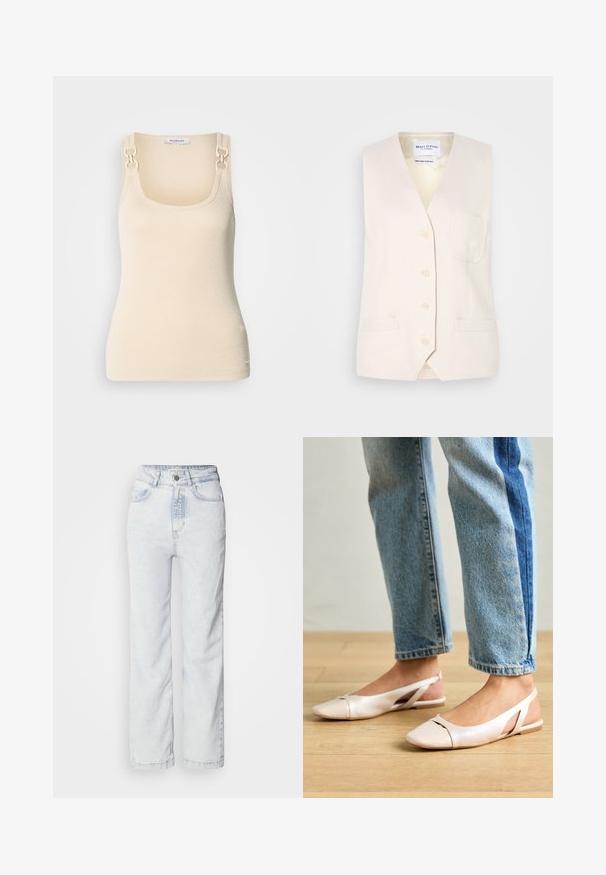 Vesta fără mâneci de un bej deschis, cu decolteu în V, cinci butoane și un singur buzunar pe piept. Fabricată dintr-un material texturat, cu două buzunare laterale.; Top bej fără mâneci, dintr-un material cu textură în riburi, cu decolteu pătrat și accesorii decorative din metal auriu la bretele.; Jeans ușor albastri, cu talie înaltă și croială dreaptă, din denim. Acestea au o închidere cu buton, un design cu cinci buzunare și o textură subtilă decolorată.; Sandalete plate de un roz pal cu vârf ascuțit, realizate dintr-un material asemănător pielii, neted. Prezintă detalii decupate pe laterale și un toc plat.