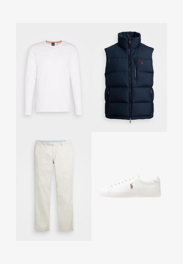 Polo Ralph Lauren INSULATED - Waistcoat - collection navy; White long-sleeve t-shirt made of cotton. Features a round neckline and a small embossed logo on the left chest. Smooth texture.; Beige cotton chinos with a flat front, belt loops, and side pockets. Straight-leg design with a smooth texture and a light, breathable feel.; White leather sneakers, low-top design, featuring a smooth texture, round toe, laced front, and a small embroidered logo on the side.