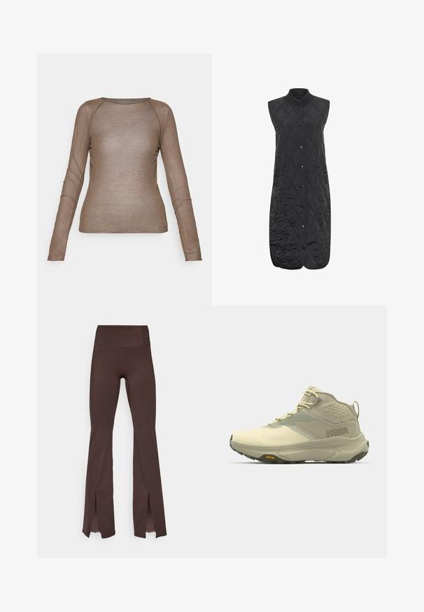 Mustat tikatut ilmanhihaiset liivit, joissa on timanttikuosi, pyöreä kaula-aukko ja edessä nappisuljenta. Kevyt kangas, jossa on sileä texture.; Pitkähihainen, istuva paita vaaleanruskeana, valmistettu läpikuultavasta materiaalista. Ominaisuuksiin kuuluvat pyöreä kaula-aukko ja hienovaraiset sauman yksityiskohdat hihoissa.; Kahvilahuiset legginsit pehmeästä kankaasta, joissa on korkea vyötärö ja sivurei'ät helmassa. Sisältää litteät saumat sujuvampaa istuvuutta varten.; Hoka vaelluskengät vaaleassa beigessä, jossa on teksturoitu päällinen, nauhakiinnitys ja Vibram-pohja. Erottuva sivulogosuunnittelu ja tukevuus.