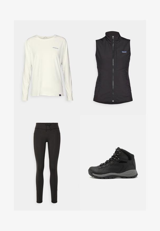 Black sleeveless vest, featuring a high collar, front zipper, and two side pockets, made from smooth, lightweight fabric. Patagonia logo visible.; Long-sleeve, crew neck t-shirt in off-white cotton. Features a blue Patagonia logo on the left chest and a tailored fit.; Black leggings with a high waistband, drawstring, smooth texture, and fitted design. Features stitching details along the sides.; Black hiking boot with a mid-top design, featuring a textured upper, gray accents, and durable rubber sole with traction lugs.