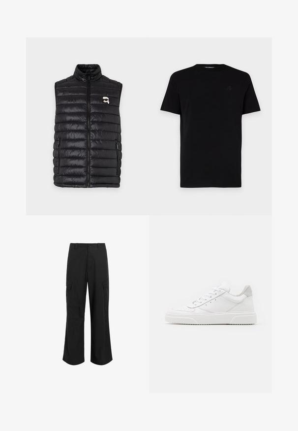 Black padded vest with high neckline, front zip closure, two side pockets, and a small logo on the chest. Smooth, lightweight material.; Black short-sleeve t-shirt made of cotton, featuring a crew neck and a subtle embossed logo on the left chest. Smooth texture.; Black cargo pants made of lightweight fabric, featuring a relaxed fit, two large side pockets, and a button closure.; White leather sneakers with a smooth finish, rounded toe, flat laces, and a textured sole. Grey suede accent at the heel.