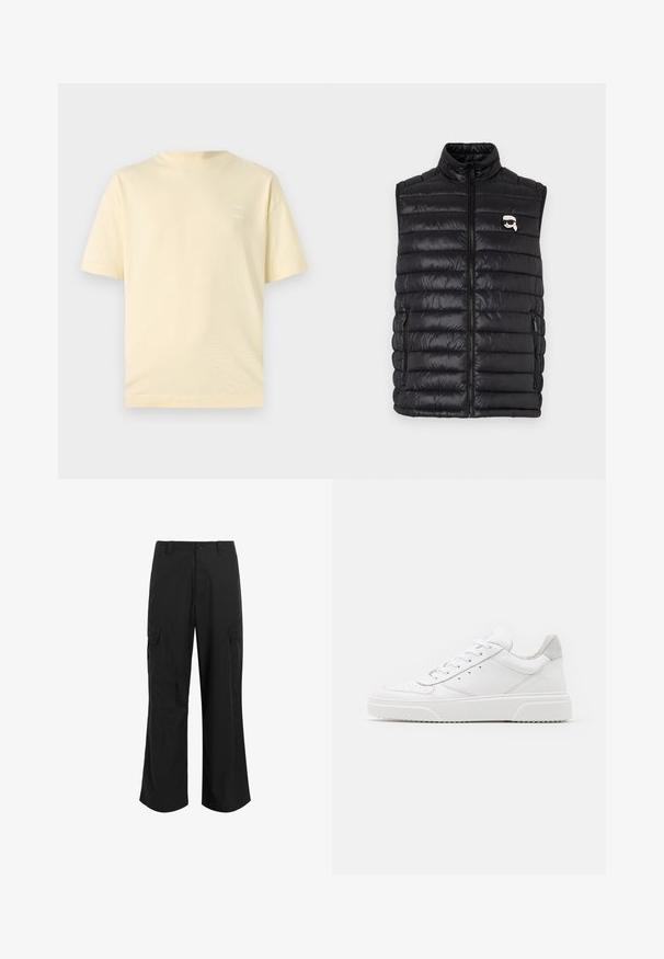 Svart polstret vest med høy krage, frontglidelås, to sidelommer og en liten logo på brystet. Glatt, lett materiale.; Lys gul bomull T-skjorte med rund hals og korte ermer. Har en subtil, trykket logo på venstre bryst.; Svarte cargo-bukser laget av lett stoff, med en avslappet passform, to store sidelommer og knappelukking.; Hvite skinnsko med en glat overflate, rund tå, flate lisser og teksturert såle. Grå semsket innfelt ved hælen.