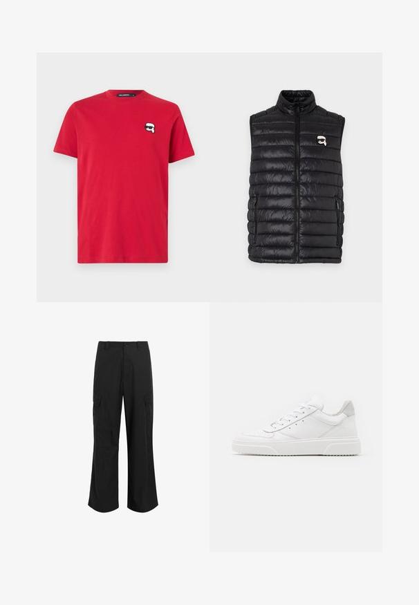Juodas paminkštintas liemenė su aukštu apykaklės dizainu, priekyje užtrauktukas, dvi šoninės kišenės ir mažas logotipas krūtinėje. Lygi, lengva medžiaga.; Raudonas medvilninis T-shirt su apvalia apykakle, ant kairio krūtinės puikuojasi mažas juodos ir baltos spalvos animacinio veido logotipas. Trumpomis rankovėmis, standartinio kirpimo.; Juodi cargo kelnės, pagamintos iš lengvos medžiagos, turinčios laisvą siluetą, dvi dideles šonines kišenes ir mygtuko užsegimą.; Balti odiniai sportbačiai su lygiu paviršiumi, apvaliu pirštu, plokščiomis raištelėmis ir struktūrizuota padu. Pilko zimšo akcentas ant kulno.