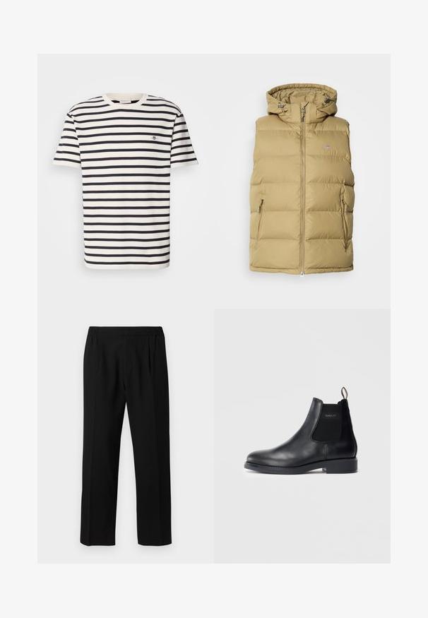 Chaleco acolchado beige con capucha, que cuenta con cierre de cremallera, bolsillos laterales y costuras horizontales para aislamiento. Textura suave en toda su superficie.; Camiseta de manga corta a rayas en color crema y marino, hecha de algodón. Cuenta con un cuello acanalado y un pequeño logo bordado en el pecho.; Pantalones negros hechos de una tela suave, con una cintura elástica, diseño de pierna recta y dos pliegues frontales para mayor detalle.; Botín Chelsea de cuero negro con paneles laterales elásticos, tacón bajo, tira en el talón y logotipo de GANT en el panel lateral exterior.