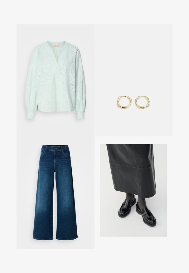 Bežasta lažna krzna prsluk s okruglim izrezom, crnim kopčanjem na gumb i uzorkom koji sadrži leopardov uzorak duž rubova.; Bluzica v svetlem metinem odtenku z dolgimi rokavi, z V-izrezom, izvezenimi izrezi in nabranimi manšetami. Narejena iz zračnega materiala.; Široke kavbojke iz temno modrega denima. Imajo visok pas, zaponko na gumb in klasičen pet-pocket dizajn z neznatnim zbledelostjo.; Črne usnjene loafer čevlje s gladko površino, ki imajo dekorativno srajco, okroglo konico in teksturiran podplat. Nosi se z dolgim črnim usnjennim krilom.; Zlate obročaste uhane z teksturirano, nepravilno obliko. Imajo brezšivno zapiranje in poliširano površinsko obdelavo, kar poudarja sodoben dizajn.