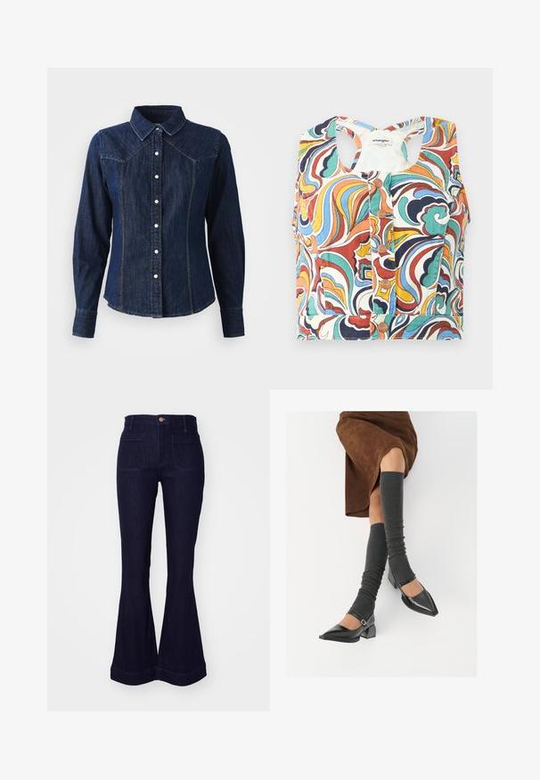 Bunt gemusterter Cropped-Top mit wirbelndem Muster in Rot, Blau, Grün und Gelb, rundem Ausschnitt und Druckknopfverschluss.; Dunkelblaue Jeanshemd mit langen Ärmeln, spitzem Kragen, vorderem Knopfverschluss und dekorativen Nähten entlang der Säume.; Dunkelblaue Jeans im Schlagstil mit hoher Taille, zwei hinteren Taschen und genähten Details entlang der Nähte und des Saums.; Schwarze lacklederne spitze Schuhe mit Blockabsatz und Knöchelriemen, kombiniert mit grauen gerippten Beinstulpen und einem braunen Wildlederrock.