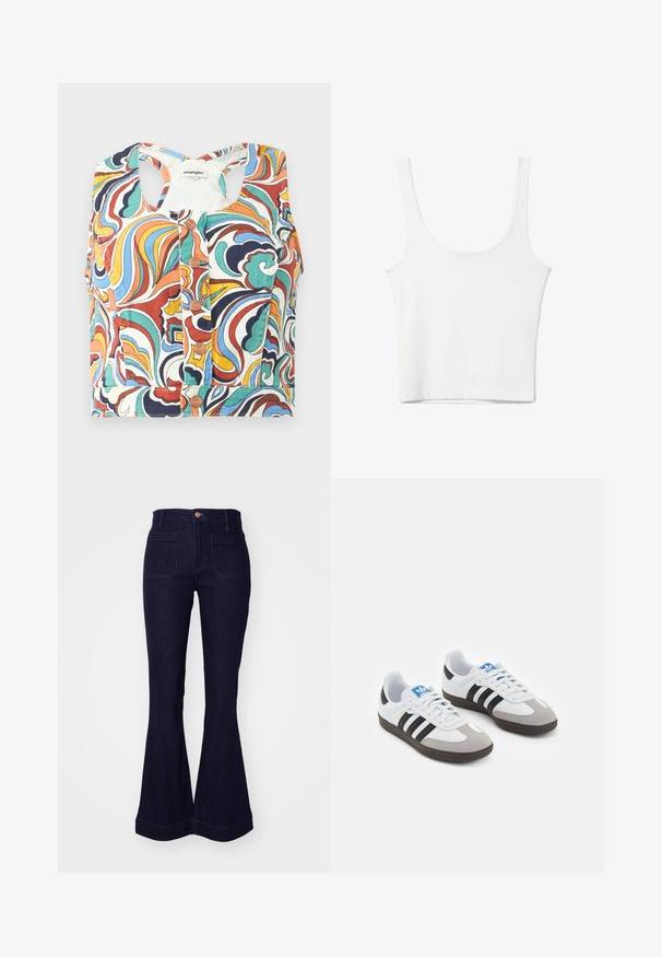 Barevný zkrácený top s vírovým vzorem v červené, modré, zelené a žluté barvě, s kulatým výstřihem a zapínáním na patentky.; Bílý bavlněný top bez rukávů s kulatým výstřihem a přiléhavým střihem. Hladká textilie, jednoduchý design a minimální švy.; Tmavě modré zvonové džíny s vysokým pasem, dvěma zadními kapsami a šitými detaily podél švů a lemu.; Sportovní boty s bílým koženým svrškem, šedou semišovou špičkou a třemi černými pruhy. Obsahují modré logo na jazyku a texturovanou gumovou podrážku.