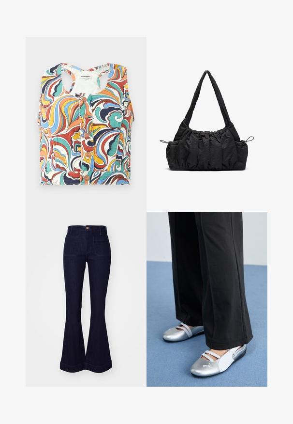 Top corto colorato con un motivo a spirale in rosso, blu, verde e giallo, dotato di scollatura rotonda e chiusura a bottone a pressione.; Maglietta grigia a maniche lunghe con colletto rotondo, caratterizzata da un bordo bianco attorno al colletto e ai polsini. Realizzata in morbido tessuto testurizzato.; Jeans in denim blu scuro a zampa d'elefante con vita alta, due tasche posteriori e dettagli cuciti lungo le cuciture e l'orlo.; Scarpe piatte argento e bianche con cinturini incrociati e dettagli testurizzati, abbinate a pantaloni neri larghi. Ambientate su un pavimento blu.; Borsa a tracolla in tessuto nero con texture arricciata, due manici e chiusura a coulisse sui lati. Materiale liscio e leggero.
