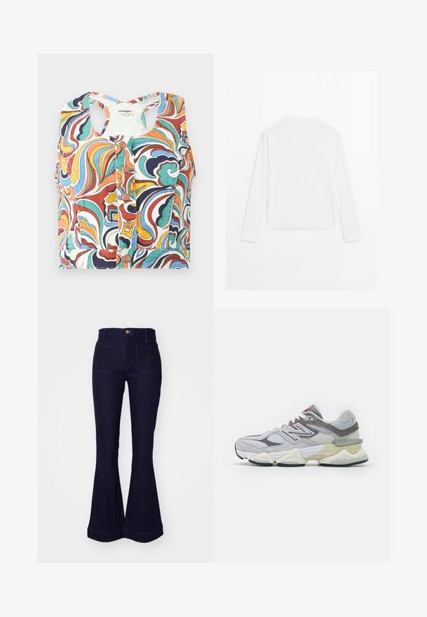 Barevný zkrácený top s vírovým vzorem v červené, modré, zelené a žluté barvě, s kulatým výstřihem a zapínáním na patentky.; Hladká bílá dlouhá košile s dlouhým rukávem, kulatým výstřihem, zobrazená zezadu, ležící na bílém pozadí.; Tmavě modré zvonové džíny s vysokým pasem, dvěma zadními kapsami a šitými detaily podél švů a lemu.; Šedé semišové a síťované tenisky s tlustou bílou a béžovou podešví, vyznačující se výrazným bílým logem a červenými akcentními detaily.