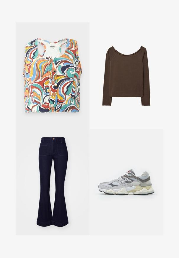 Farebný skrátený top s vírivým vzorom v červenej, modrej, zelenej a žltej farbe, s okrúhlym výstrihom a zapínaním na cvoky.; Hnedý dlhý rukáv s širokým výstrihom, vyrobený z mäkkého materiálu, s uvoľneným strihom a minimálnymi švami pre hladký siluetu.; Tmavomodré denimové zvonové džínsy s vysokým pásom, dvoma zadnými vreckami a prešitím pozdĺž švov a lemovania.; Šedé semišové a sieťové tenisky s hrubou bielou a béžovou podošvou, ktoré majú výrazné biele logo a červené akcenty.