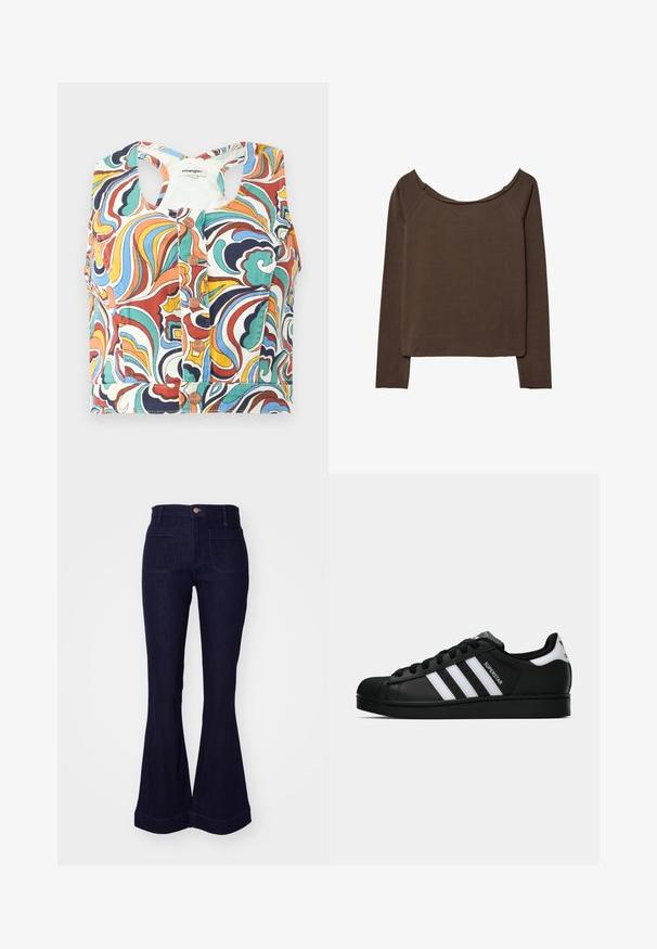 Farverig cropped top med et virvelmønster i rød, blå, grøn og gul, med rund halsudskæring og trykknaplukning.; Brun langærmet top med bred halsudskæring, lavet af blødt materiale, med en afslappet pasform og minimale sømme for en glat silhuet.; Mørkeblå denim flared jeans med høj talje, to baglommer og syede detaljer langs sømmene og kantene.; Sort Adidas Superstar sneaker med hvide striber, skaletå og "Superstar"-tekst på siden, vist i sideprofil på hvid baggrund.