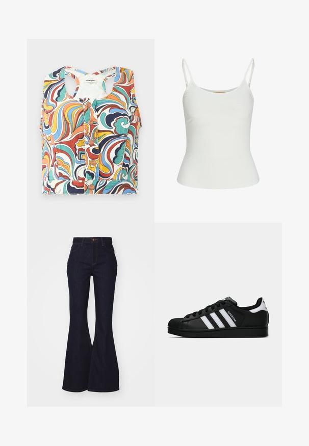 Värviline lühike topp, millel on punase, sinise, rohelise ja kollase keerispatter, ümmargune kaelus ja nööbiga sulgemine.; Valge ilma varrukateta top, reguleeritavate rihmadega, taljesse istuv disain, sile kangatekstuur ja ümmargune kaelus. Ilma mustrite ja seadmeteta.; Tumedad sinised flared teksapüksid, valmistatud denimist. Kõrge vöökohaga disain, nupuga kinnitamine, nähtav õmblus ja sile tekstuur.; Mustad musta värvi Adidas Superstar toss, millel on valged triibud, koonuseline varvas ja küljes "Superstar" tekst, esitatud külgvaates valgel taustal.