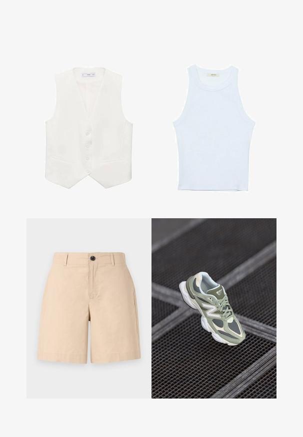 Biała bezrękawnik z gładkiego materiału, z klasycznym dekoltem w kształcie litery V, pięcioma guzikami i dwiema bocznymi kieszeniami. Prosty, dopasowany krój.; Biały top bez rękawów, prążkowana tekstura, okrągły dekolt, dopasowany krój, subtelne logo na metce wewnątrz obszaru kołnierza.; Beżowe bawełniane szorty o luźnym kroju, z zapięciem na guzik z przodu, dwoma kieszeniami bocznymi i przeszytymi brzegami. Gładka tekstura.; Zielono-beżowe buty biegowe z siateczkowych i syntetycznych materiałów, charakteryzujące się zaokrąglonym kształtem, fakturowanymi akcentami oraz wyraźnym logo z boku.