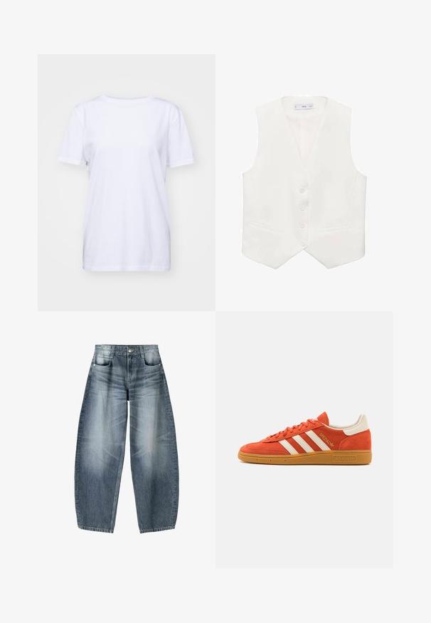 Biała bezrękawnik z gładkiego materiału, z klasycznym dekoltem w kształcie litery V, pięcioma guzikami i dwiema bocznymi kieszeniami. Prosty, dopasowany krój.; Biały bawełnowy t-shirt z okrągłym dekoltem, krótkimi rękawami i luźnym krojem. Gładka faktura, bez widocznych wzorów ani ozdób.; Jeansy o szerokich nogawkach w jasnoniebieskim denimu z wyblakłymi miejscami, z pięcioma kieszeniami, zapinane na guziki oraz minimalnymi detalami przeszycia.; Pomarańczowe zamszowe trampki z białymi skórzanymi akcentami, z trzema białymi paskami i gumową podeszwą. Logo "Spezial" na języku.