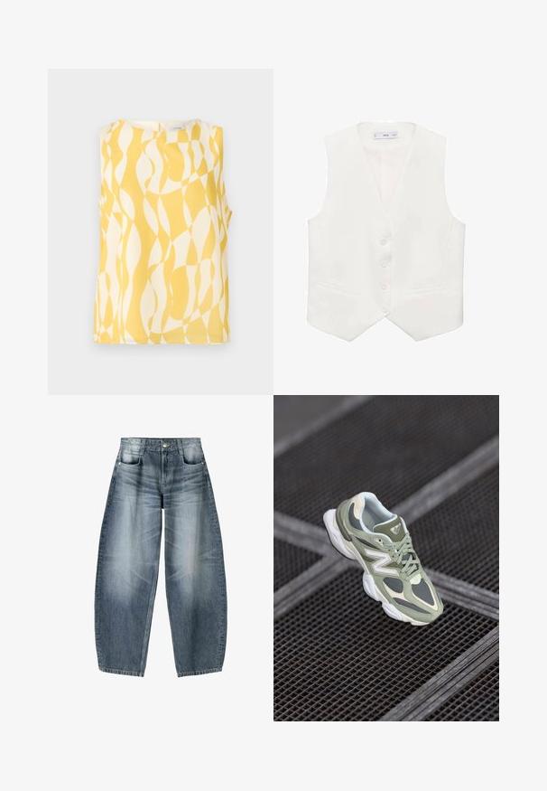 White sleeveless vest made of smooth fabric, featuring a classic V-neck, five buttons, and two side pockets. Simple tailored design.; Sleeveless top in yellow and white with a wavy pattern. Made of lightweight fabric, featuring a round neck and a keyhole back closure.; Wide-leg jeans made of light blue denim with fading, featuring a five-pocket design, button fly, and minimal stitching details.; Green and beige running shoe with mesh and synthetic materials, featuring a rounded shape, textured accents, and a prominent logo on the side.