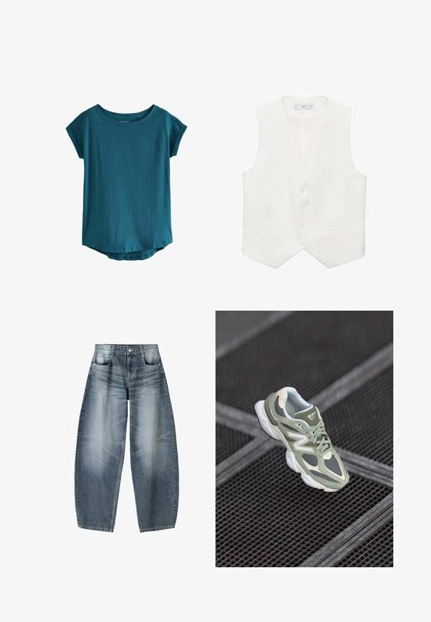 Vit ärmlös väst i slät tyg, med klassisk V-nacke, fem knappar och två sidofickor. Enkel skräddarsydd design.; Teal kortärmad t-shirt i ett mjukt, slätt tyg. Har en bred rund halsringning och en lätt bågfomad nederkant. Enkel och odekorerad design.; Vidjeans i ljusblå denim med blekningar, som har en femficksdesign, knappgylf och minimala sömnadsdetaljer.; Grön och beige löparsko med nät- och syntetmaterial, med en rundad form, texturerade detaljer och en framträdande logotyp på sidan.