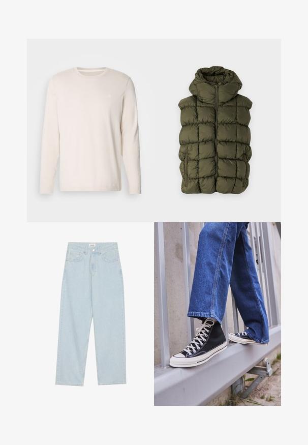 Ελαιόλαδο πράσινο επενδυμένο γιλέκο με καπιτονέ σχέδιο, ψηλό γιακά, μπροστινό φερμουάρ και πλαϊνές τσέπες. Μαλακή υφή και δυνατότητα κουκούλας.; Μακρυμάνικο κρεμ πουκάμισο από μαλακό βαμβάκι. Διαθέτει στρογγυλή λαιμόκοψη και μικρό κεντητό λογότυπο στο αριστερό στήθος.; Ανοιχτό μπλε, φαρδιά τζιν παντέλονια από ντένιμ, μεσαίας ψηλότητας μέση, πέντε τσέπες και κουμπί κλεισίματος με λεπτή μεταλλική λεπτομέρεια.; Μαύρα ψηλά sneakers με λευκή σόλα και κορδόνια, συνδυασμένα με χαλαρές μπλε τζιν παντελόνες, τοποθετημένα σε μια γκρίζα ράβδο.