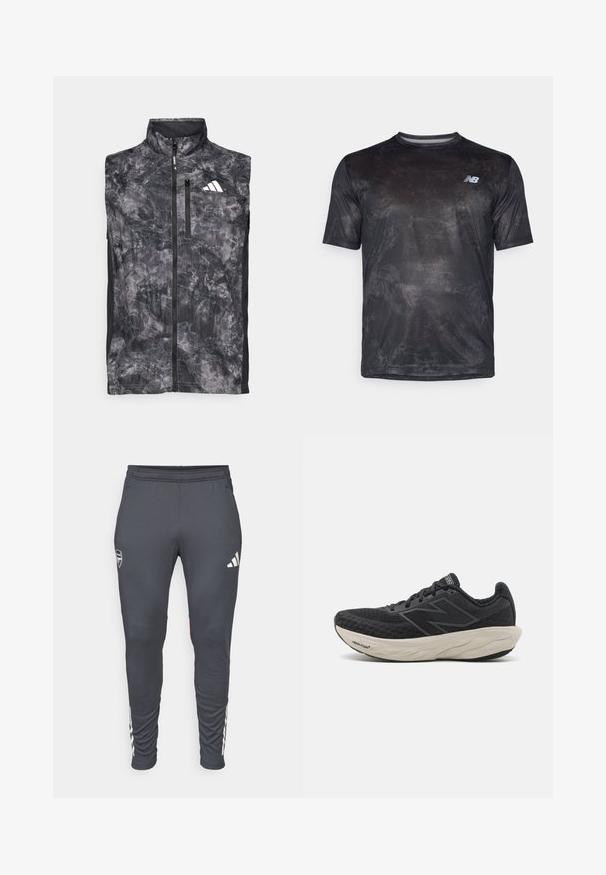 Juodai pilkas bėgimo liemenės modelis be rankovių, su priekiu užtraukiamu užtrauktuku, krūtinės kišene su užtrauktuku ir baltu logotipu viršutinėje kairėje krūtinės pusėje.; New Balance ATHLETICS PRINTED - Sportiniai marškinėliai trumpomis rankovėmis - castlerock; Pilkos sportinės kelnės, tinkamai priglundančios, su elastingu juosmeniu, baltu Adidas logotipu ir trimis baltais juostelėmis šonuose.; Juodas sportinis batelis su tekstūruota tinkliniu viršumi, paminkštintu baltu viduriu ir juodu guminiu padu su matomais grioveliais.