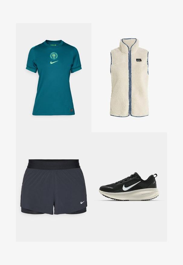 Protest PRTBODHI - Liivi - kitoffwhite; Teal Nike-jalkapaita, jossa on pyöreä pääntie, lyhyet hihat, vihreät yksityiskohdat ja pyöreä Nigerian jalkapalloliiton logo.; Mustat urheilushortsit, joissa on joustava vyötärö. Shortseissa on kerroksellinen muotoilu ja pieni valkoinen Nike-logo vasemmassa alareunassa. Kevyt materiaali.; Mustat Nike-juoksukengät, joissa on hengittävä verkko-osa, valkoinen swoosh-logo, teksturoitu yksityiskohtaus ja kermaisen värinen ZoomX-välipohja.