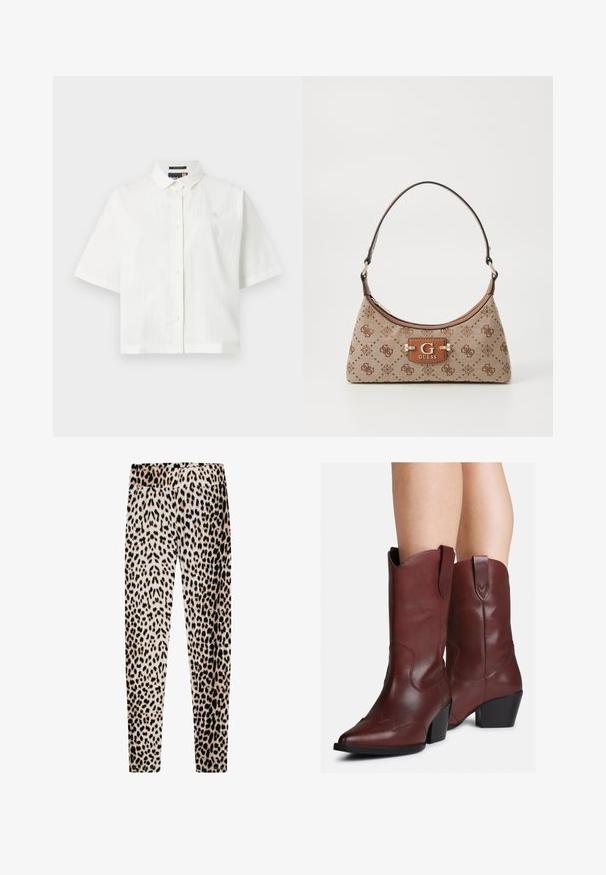 Přepychová prošívaná bílá bunda s vysokým límcem a čtyřmi patkami. Nabízí měkkou texturu a jemné zakřivené vzory po celém designu.; Bílá košile s krátkým rukávem z texturované látky, klasický límeček a zapínání na knoflíky. Malé logo na hrudi. Volný střih.; Legíny s leopardím potiskem vyrobené z měkké látky, s elastickým pasem, dlouhými štíhlými nohavicemi a kombinací béžových, černých a hnědých vzorů.; Nohy obuté v hnědých kožených westernových botách po lýtka s špičatými špičkami a blokovými podpatky, na bílém pozadí.; Plátěná taška v béžové barvě s hnědými vzorovanými akcenty. Má zakřivený tvar, jeden popruh a na přední straně logovou destičku se stříbrným kováním.