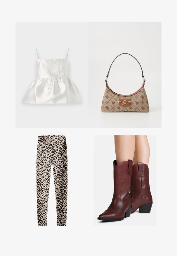 Kviestuotas dramblio kaulo spalvos švarkas su aukštu apykakle ir keturiomis mygtukų snap. Pasižymi minkšta tekstūra ir subtiliais išlenktais raštais visame paviršiuje.; Baltos satino marškinėliai plonomis petnešėlėmis ir prigludusia krūtine, kuri išsiplečia į susiraukšlėjusią peplum apatinę dalį, lygi tekstūra su nežymiu blizgesiu.; Leopardų rašto leggingai, pagaminti iš švelnaus audinio, su tampri juosta, ilgomis lieknomis kojomis ir įvairių smėlio, juodos ir rudos spalvų raštais.; Kojos vilki vidutinio ilgio tamsiai rudos odos vakarietiško stiliaus batus su smailiais pirštais ir blokiniais kulnais, prieš baltą foną.; Beige spalvų audinio rankinė su rudos spalvos raštuotais akcentais. Turi išlenktą formą, vieną diržą ir priekyje su sidabro detale esantį logotipą.