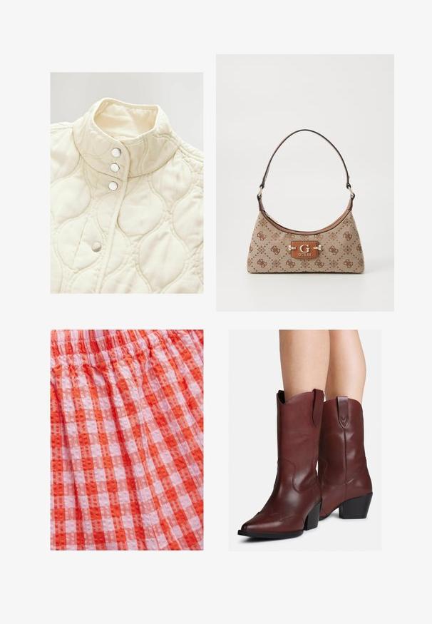 Přepychová prošívaná bílá bunda s vysokým límcem a čtyřmi patkami. Nabízí měkkou texturu a jemné zakřivené vzory po celém designu.; Dlouhý rukáv mauve top s lodičkovým výstřihem, přiléhavý pas se subtilním řasením na obou stranách, zobrazený na bílém pozadí.; Červená a růžová kostkovaná látka s texturovaným povrchem, charakterizovaná nařaseným pasem a plisovaným designem. Materiál vypadá lehký a prodyšný.; Nohy v hnědých kožených westernových botách s blokovými podpatky, sahajícími do poloviny lýtek, s poutky na vytažení, na bílém pozadí.; Plátěná taška v béžové barvě s hnědými vzorovanými akcenty. Má zakřivený tvar, jeden popruh a na přední straně logovou destičku se stříbrným kováním.