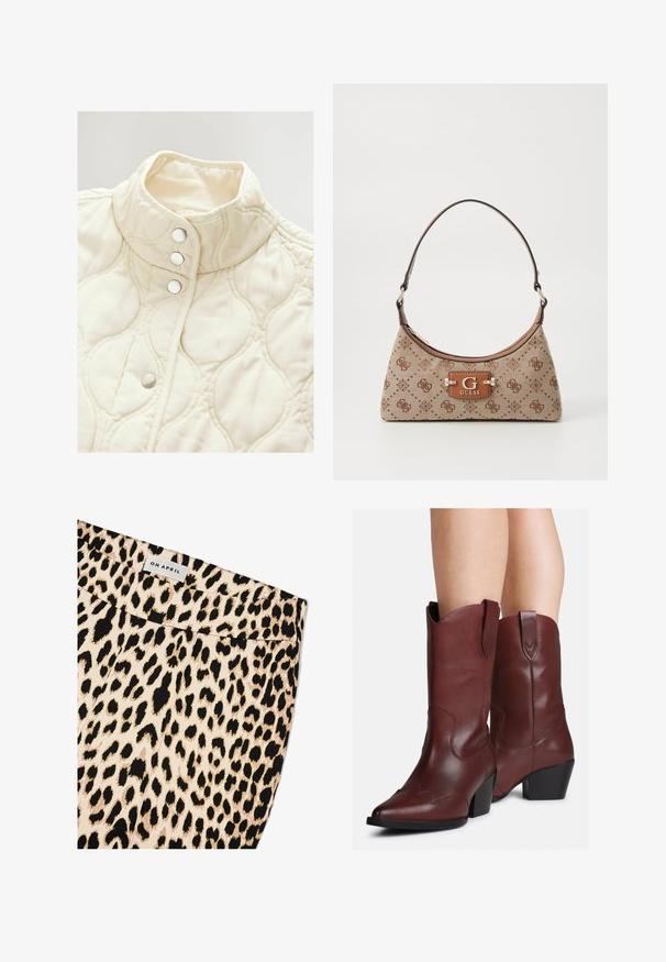 Ivorni jakna s kvadratnim uzorkom, visokim ovratnikom i četiri pritisna dugmeta. Ima meku teksturu i suptilne zakrivljene uzorke kroz cijelu površinu.; Dugi rukav mauve majica s broat izrezom, uskim strukom i suptilnim nabiranjem s obje strane, prikazana ravno na bijeloj pozadini.; Tkanina s leopard uzorkom u bež i crnoj paleti boja. Ima glatku teksturu i ravni pojas s natpisom 'OH APRIL'.; Noge u srednje dugim tamnosmešnim kožnim čizmama u western stilu sa šiljastim prstima i blok petama, na beloj pozadini.; Tote torba od bež tkanine s smeškastim smeškom smešići. Ima zakrivljen oblik, jedan remen i oznaku logotipa sprijeda s srebrnom površinom.