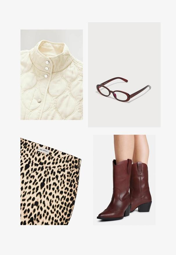 Ivorni jakna s kvadratnim uzorkom, visokim ovratnikom i četiri pritisna dugmeta. Ima meku teksturu i suptilne zakrivljene uzorke kroz cijelu površinu.; Dugi rukav mauve majica s broat izrezom, uskim strukom i suptilnim nabiranjem s obje strane, prikazana ravno na bijeloj pozadini.; Tkanina s leopard uzorkom u bež i crnoj paleti boja. Ima glatku teksturu i ravni pojas s natpisom 'OH APRIL'.; Noge u srednje dugim tamnosmešnim kožnim čizmama u western stilu sa šiljastim prstima i blok petama, na beloj pozadini.; Naočale u obliku ovala crvene boje s prozirnim staklima i elegantnim smeškim okvirom. Dizajn se odlikuje suptilnim zakrivljenjima i minimalnim hardverom.; Tote torba od bež tkanine s smeškastim smeškom smešići. Ima zakrivljen oblik, jedan remen i oznaku logotipa sprijeda s srebrnom površinom.