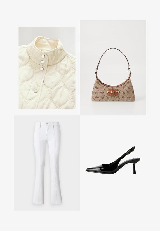 Přepychová prošívaná bílá bunda s vysokým límcem a čtyřmi patkami. Nabízí měkkou texturu a jemné zakřivené vzory po celém designu.; Dlouhý rukáv mauve top s lodičkovým výstřihem, přiléhavý pas se subtilním řasením na obou stranách, zobrazený na bílém pozadí.; Bílé denimové zvonové džíny s vysokým pasem, s kontrastním prošitím, předními kapsami a zipovým zapínáním. Hladká, pevná textura látky.; Černé lakované kožené lodičky na podpatku s špičatou špičkou, výřezy na stranách, nastavitelným páskem kolem kotníku a tenkým, elegantním podpatkem.; Plátěná taška v béžové barvě s hnědými vzorovanými akcenty. Má zakřivený tvar, jeden popruh a na přední straně logovou destičku se stříbrným kováním.
