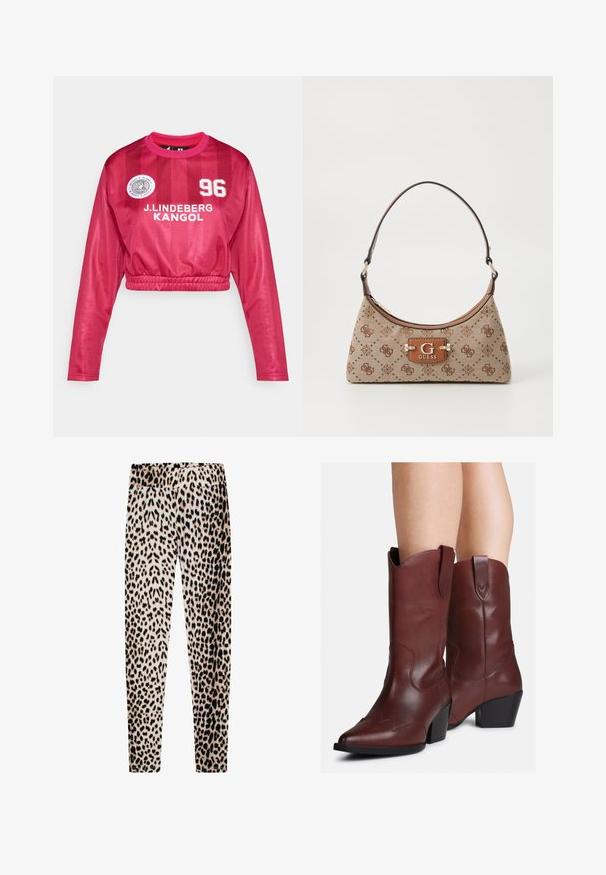 Töltött elefántcsont színű kabát magas gallérral és négy patenttal. Puha tapintású, és finom ívelt mintázatokkal díszített.; Rövidített, hosszú ujjú, élénk rózsaszín mez fényes felülettel, "J. LINDEBERG KANGOL" és számnyomott mintával, rugalmas alsó szegéllyel és sportos dizájnnal.; Lepardmintás leggings puha anyagból, rugalmas derékrésszel, hosszú, karcsú lábakkal és bézs, fekete, valamint barna mintázat keverékével.; Lábak közepes magasságú, sötétbarna bőr nyugati stílusú csizmát viselnek, hegyes orral és tömbsarkakkal, fehér háttér előtt.; Beige színű textil bevásárlótáska barna mintás kiegészítőkkel. Ívelt forma jellemzi, egyetlen pánttal rendelkezik, és elöl egy logópanel található ezüst fém kiegészítőkkel.
