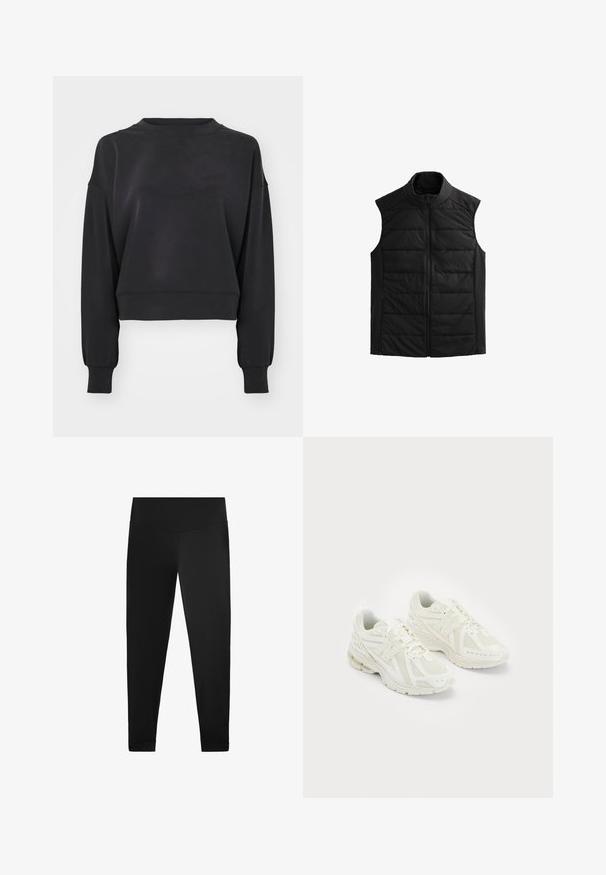 Černá bezrukávová nafukovací vesta má vysoký límec, prošívané přední díly, hladké strany a přední zip. Je lehká a teplá.; Černá zkrácená mikina s dlouhými rukávy, kulatým výstřihem a žebrovanými manžetami. Vyrobena z měkkého materiálu s hladkou texturou.; Černé legíny vyrobené z hladké, elastické látky. Vysoký pas s detaily na kotnících a bez viditelných vzorů nebo kovových prvků.; Bílé atletické boty vyrobené z prodyšných a syntetických materiálů, s tkaničkovým designem, polstrovaným límcem a texturovanou podrážkou pro lepší přilnavost. Lehké provedení.
