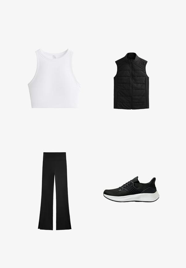 Zwarte mouwloze puffer vest met een hoge kraag, gebreide voorpanelen, gladde zijkanten en een ritssluiting aan de voorkant. Lichtgewicht en warm.; Witte geribbelde crop top met ronde hals en mouwloos ontwerp. Heeft een textuurstof voor extra detail en flexibiliteit.; Zwarte broek met een wijd beenontwerp, voorzien van een hoge tailleband en zijsplitten voor gemakkelijke beweging. Gemaakt van een gladde, rekbare stof.; Zwarte sportieve schoen met een bovenwerk van textuurstof, vetersysteem en een witte tussenzool. Heeft een laag profiel en een gebogen zoolontwerp.