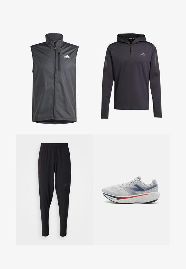 Črn brezrokavnik iz lahkega materiala. Ima sprednji zadrgo, visok ovratnik in majhen logotip na zgornji levi strani. Gladka tekstura.; Črna kapuca dolg rokav majica s pol zadrgo, narejena iz lahkega blaga, z deljenimi tremi vertikalnimi sivo-belimi črtami na vsaki rokavi.; Črne športne hlače z elastiko v pasu, zožanega kroja, stranskimi žepi in diskretnim logotipom. Narejene iz fleksibilnega, zračnega materiala.; New Balance FRESH FOAM X 1080 V14 - Tekaški copati za cesto - grey