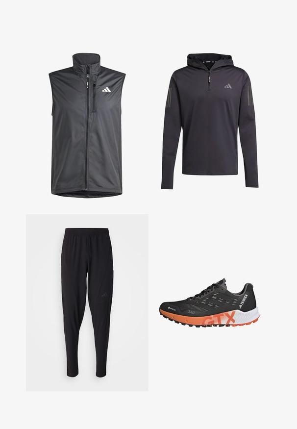 Vest negru fara maneci, fabricat dintr-un material usor. Prezinta fermoar frontal, guler inalt si un mic logo in coltul stanga sus. Textura neteda.; Șapcă neagră cu glugă, bluză cu mâneci lungi, cu fermoar pe jumătate, confecționată dintr-un material ușor, având trei dungi verticale gri pe fiecare mânecă.; Pantaloni atletici negri cu o talie elastică, design conic, buzunare laterale și detalii subtile cu logo. Fabricat dintr-un material flexibil și respirabil.; Pantofi de alergare pe teren accidentat, negri și portocalii, cu un superior sintetic texturat, un sistem de șireturi proeminent și o talpă robustă pentru aderență. Brandul GTX este vizibil.