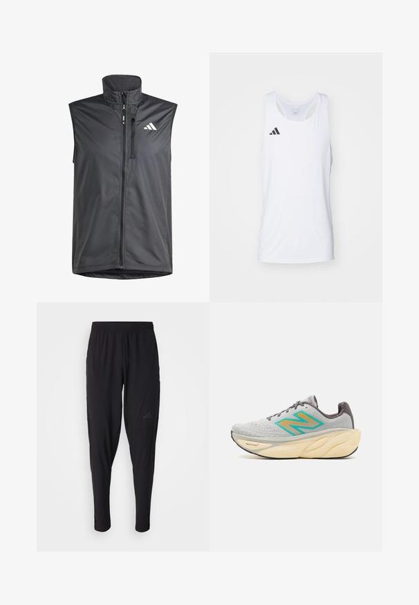 Černá bezrukávová vesta vyrobená z lehkého materiálu. Obsahuje přední zip, vysoký límec a malé logo na levé horní straně. Hladká textura.; Bílý bezrukávový sportovní top vyrobený z lehkého materiálu, s černým logem Adidas na levé hrudi a výstřihem ve tvaru lodi.; Černé sportovní kalhoty s elastickým páskem, zúženým střihem, bočními kapsami a nenápadným logem. Vyrobeno z pružné, prodyšné látky.; New Balance FRESH FOAM X MORE V4 - Silniční běžecké boty - grey