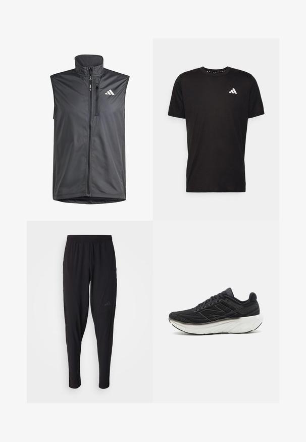 Zwarte mouwloze vest gemaakt van lichtgewicht stof. Heeft een rits aan de voorkant, hoge kraag en een klein logo aan de bovenste linkerkant. Soepele textuur.; Zwarte katoenen t-shirt met korte mouwen, ronde hals en een wit logo op de linkerkant van de borst. Gladde textuur en eenvoudig ontwerp.; Zwarte sportbroek met een elastische tailleband, taps toelopend ontwerp, zijzakken en subtiele logodetails. Gemaakt van flexibele, ademende stof.; New Balance FRESH FOAM X 1080 V13 - Hardloopschoenen voor op de weg - black