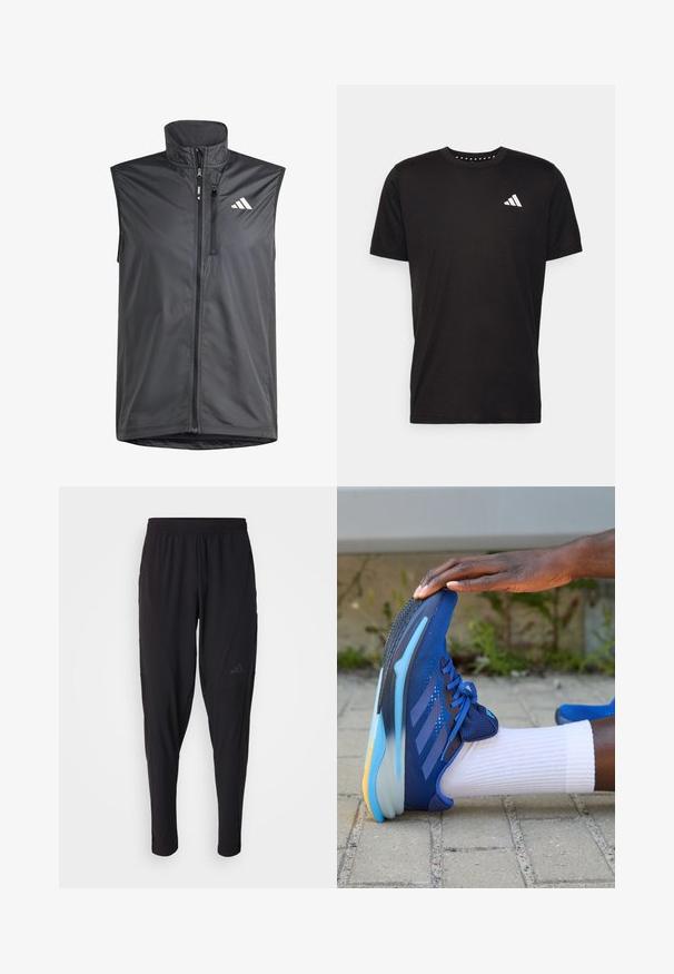 Zwarte mouwloze vest gemaakt van lichtgewicht stof. Heeft een rits aan de voorkant, hoge kraag en een klein logo aan de bovenste linkerkant. Soepele textuur.; Zwarte katoenen t-shirt met korte mouwen, ronde hals en een wit logo op de linkerkant van de borst. Gladde textuur en eenvoudig ontwerp.; Zwarte sportbroek met een elastische tailleband, taps toelopend ontwerp, zijzakken en subtiele logodetails. Gemaakt van flexibele, ademende stof.; adidas Performance SUPERNOVA SOLUTION - Hardloopschoenen voor op de weg - team royal blue/dark blue/blue burst