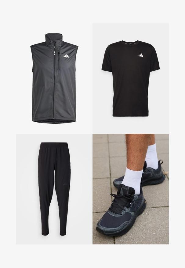 Gilet sans manches noir en tissu léger. Présente une fermeture éclair à l'avant, un col montant et un petit logo sur le côté supérieur gauche. Texture lisse.; T-shirt en coton noir à manches courtes, décolleté rond et logo blanc sur la poitrine gauche. Texture lisse et design simple.; Pantalons de sport noirs avec une taille élastique, design fuselé, poches latérales et détail de logo subtil. Fabriqués en tissu flexible et respirant.; New Balance FRESH FOAM X HIERRO V8 - Chaussures de running - black