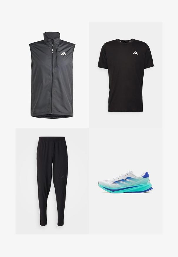 Black sleeveless vest made of lightweight fabric. Features front zip, high collar, and a small logo on the upper left side. Smooth texture.; Black cotton t-shirt with short sleeves, crew neckline, and a white logo on the left chest. Smooth texture and simple design.; Black athletic pants with an elastic waistband, tapered design, side pockets, and subtle logo detail. Made from flexible, breathable fabric.; adidas Performance SUPERNOVA RISE - Road running shoes - footwear white/lucid blue/flash aqua