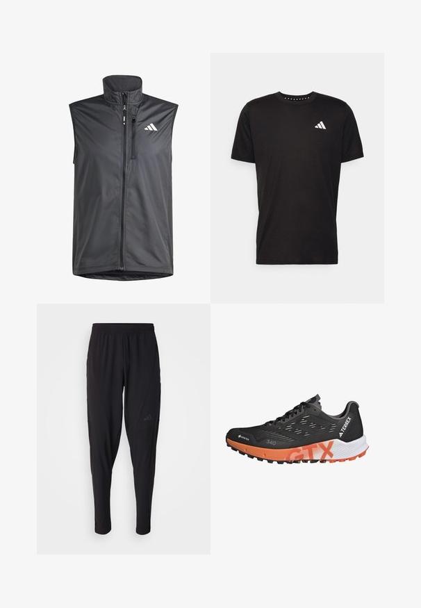 Black sleeveless vest made of lightweight fabric. Features front zip, high collar, and a small logo on the upper left side. Smooth texture.; Black cotton t-shirt with short sleeves, crew neckline, and a white logo on the left chest. Smooth texture and simple design.; Black athletic pants with an elastic waistband, tapered design, side pockets, and subtle logo detail. Made from flexible, breathable fabric.; Black and orange trail running shoes with a textured synthetic upper, prominent lacing system, and rugged outsole for traction. GTX branding visible.