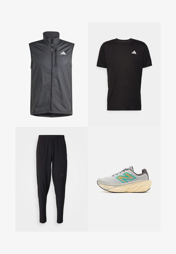 Gilet nero senza maniche realizzato in tessuto leggero. Presenta una zip frontale, un colletto alto e un piccolo logo sul lato sinistro in alto. Tessuto liscio.; T-shirt in cotone nero con maniche corte, scollo rotondo e logo bianco sul lato sinistro del petto. Texture liscia e design semplice.; Pantaloni sportivi neri con vita elastica, design affusolato, tasche laterali e dettagli logo discreti. Realizzati in tessuto flessibile e traspirante.; New Balance FRESH FOAM X MORE V4 - Scarpe da corsa su strada - grey
