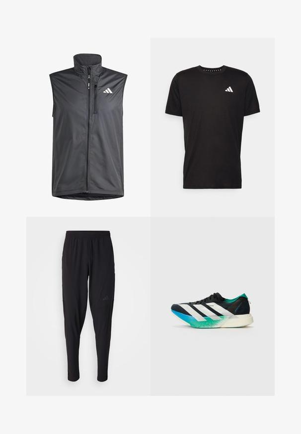 Gilet sans manches noir en tissu léger. Présente une fermeture éclair à l'avant, un col montant et un petit logo sur le côté supérieur gauche. Texture lisse.; T-shirt en coton noir à manches courtes, décolleté rond et logo blanc sur la poitrine gauche. Texture lisse et design simple.; Pantalons de sport noirs avec une taille élastique, design fuselé, poches latérales et détail de logo subtil. Fabriqués en tissu flexible et respirant.; Chaussure de sport noire avec des rayures blanches, des accents vert turquoise et une semelle dégradée allant du bleu au vert. Design léger avec un dessus texturé.