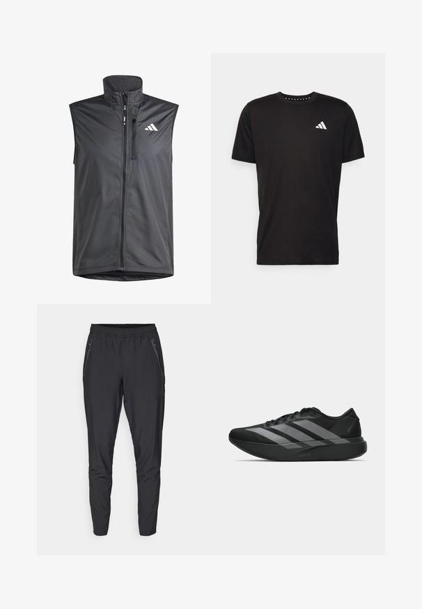 Zwarte mouwloze vest gemaakt van lichtgewicht stof. Heeft een rits aan de voorkant, hoge kraag en een klein logo aan de bovenste linkerkant. Soepele textuur.; Zwarte katoenen t-shirt met korte mouwen, ronde hals en een wit logo op de linkerkant van de borst. Gladde textuur en eenvoudig ontwerp.; Zwarte sportieve broek van lichtgewicht materiaal met een elastische tailleband, taps toelopende benen en zijzakken met ritsen.; Zwarte sportieve schoenen met een lichtgewicht ontwerp, voorzien van drie opvallende grijze strepen, een gladde textuur en een gevormde zool.