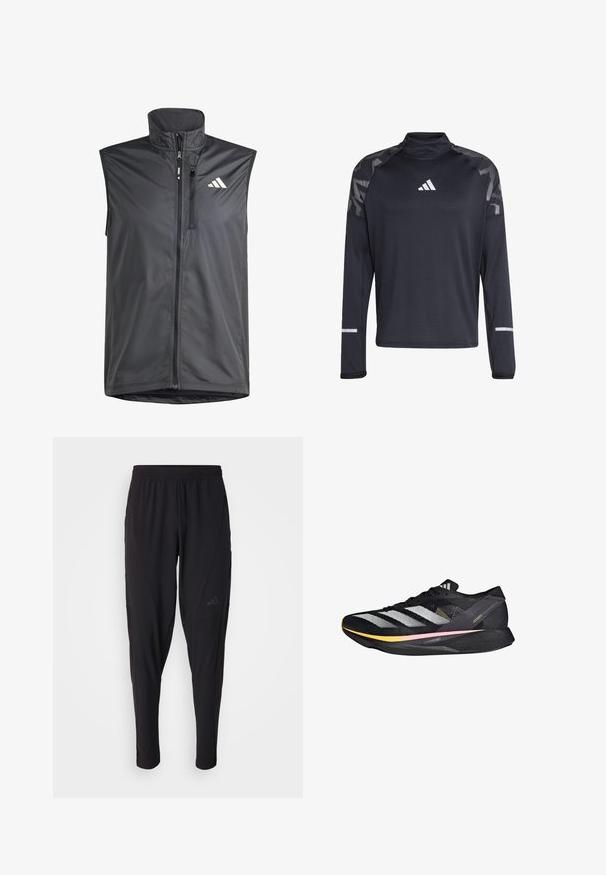 Zwarte mouwloze vest gemaakt van lichtgewicht stof. Heeft een rits aan de voorkant, hoge kraag en een klein logo aan de bovenste linkerkant. Soepele textuur.; Zwarte sportieve long-sleeve shirt met een gestructureerde afwerking, hoge kraag, reflecterende accenten en een wit logo op de borst en mouwen.; Zwarte sportbroek met een elastische tailleband, taps toelopend ontwerp, zijzakken en subtiele logodetails. Gemaakt van flexibele, ademende stof.; adidas Performance ADIZERO TAKUMI SEN 10 - Hardloopschoenen voor op de weg - core black metalic spark