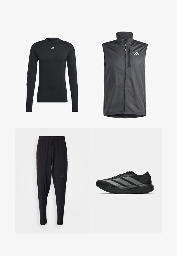 Black sleeveless vest made of lightweight fabric. Features front zip, high collar, and a small logo on the upper left side. Smooth texture.; Black long-sleeve athletic shirt, made of smooth, stretchy fabric. Features a crew neckline and a small white logo on the chest.; Black athletic pants with an elastic waistband, tapered design, side pockets, and subtle logo detail. Made from flexible, breathable fabric.; Black athletic shoes with a lightweight design, featuring three prominent gray stripes, a smooth texture, and a contoured sole.