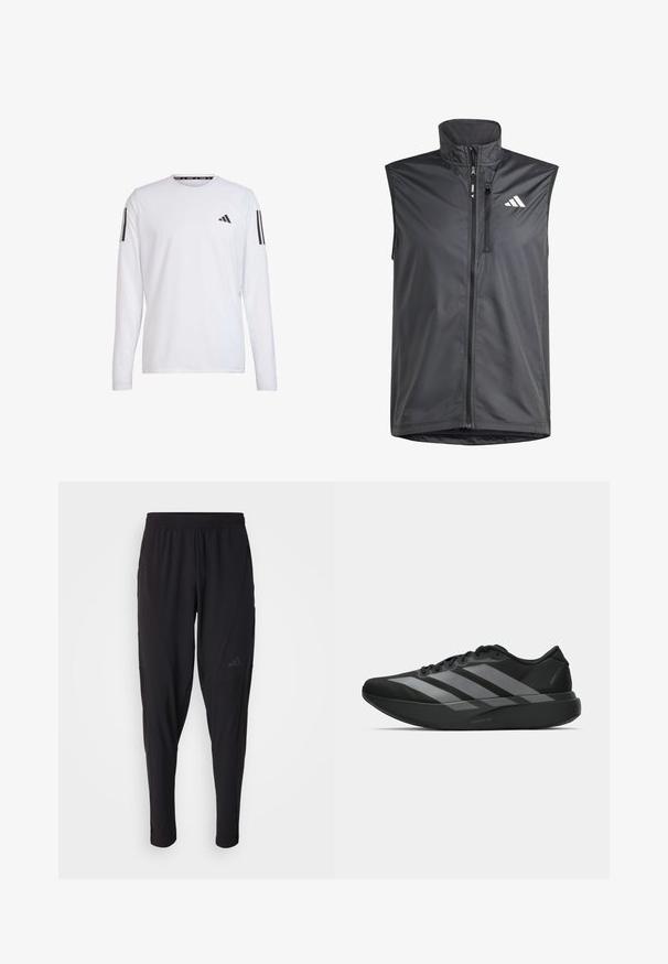 Schwarzes ärmelloses Oberteil aus leichtem Stoff. Verfügt über einen Frontreißverschluss, hohen Kragen und ein kleines Logo auf der oberen linken Seite. Glatte Textur.; adidas Performance Langarmshirt - white; Schwarze Sporthosen mit elastischem Bund, tailliertem Design, Seitentaschen und dezenten Logo-Details. Hergestellt aus flexiblem, atmungsaktivem Material.; Schwarze Sportschuhe mit einem leichten Design, ausgestattet mit drei auffälligen grauen Streifen, einer glatten Textur und einer konturierten Sohle.