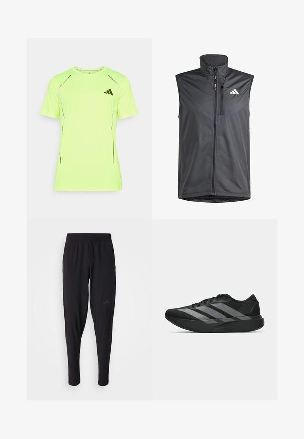 Black sleeveless vest made of lightweight fabric. Features front zip, high collar, and a small logo on the upper left side. Smooth texture.; Neon yellow athletic t-shirt featuring short sleeves, black accents, and logo. Made of lightweight, breathable material with a smooth texture.; Black athletic pants with an elastic waistband, tapered design, side pockets, and subtle logo detail. Made from flexible, breathable fabric.; Black athletic shoes with a lightweight design, featuring three prominent gray stripes, a smooth texture, and a contoured sole.