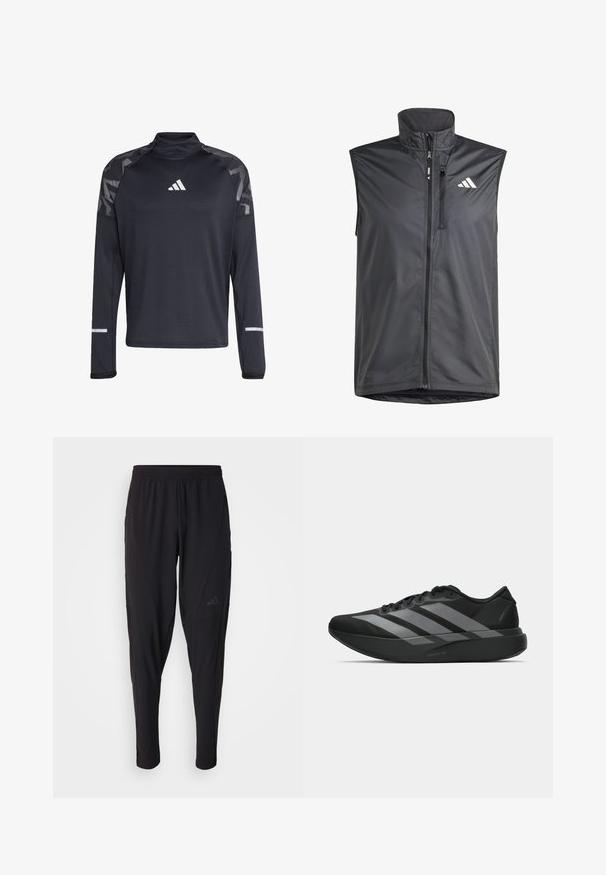 Sort ærmeløs vest lavet af letvægtsstof. Har en frontlynlås, høj krave og et lille logo på den øverste venstre side. Glat tekstur.; Sort langærmet atletisk skjorte med tekstureret finish, høj krave, reflekterende accenter og et hvidt logo på brystet og ærmerne.; Sorte træningsbukser med elastisk talje, tætsiddende design, sidelommer og diskret logo-detail. Fremstillet af fleksibelt, åndbart stof.; Sorte atletiske sko med et let design, der har tre fremtrædende grå striber, en glat overflade og en formet sål.