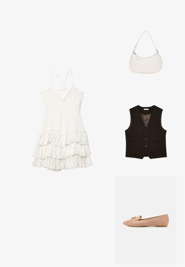 Gilet marron ajusté avec un col en V, devant à six boutons, deux poches et doublure en satin. Présente une coupe structurée et une texture lisse.; Robe en dentelle blanche sans manches avec décolleté en V, bretelles fines réglables et détail de jupe à volants superposés.; Chaussures plates en daim rose avec un design à bout pointu, arborant un accent en métal doré et une semelle en caoutchouc plate pour le confort.; Sac à main en cuir blanc présentant une forme incurvée, une bandoulière ajustable et une fermeture éclair sur le dessus. Texture lisse avec des détails matériels minimalistes.